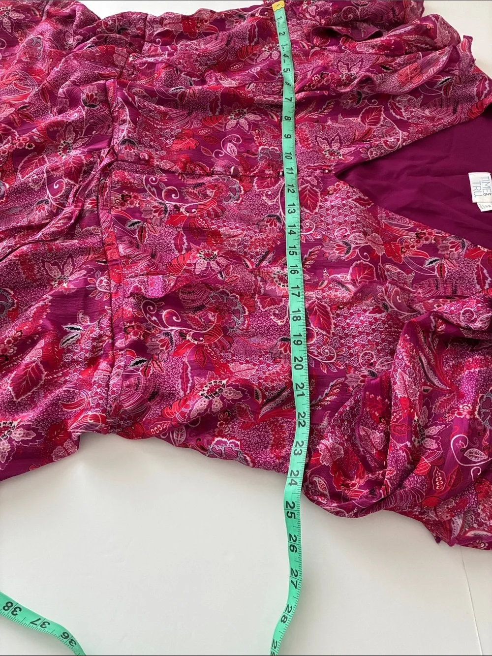 Vibrant Silky Ruffle Flirty Pink Maroon Paisley V-Neck Elastic Waist Dress - Picture 5 of 10